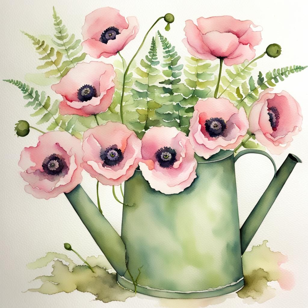 Pink Poppies and Ferns in Watering Can, Watercolor