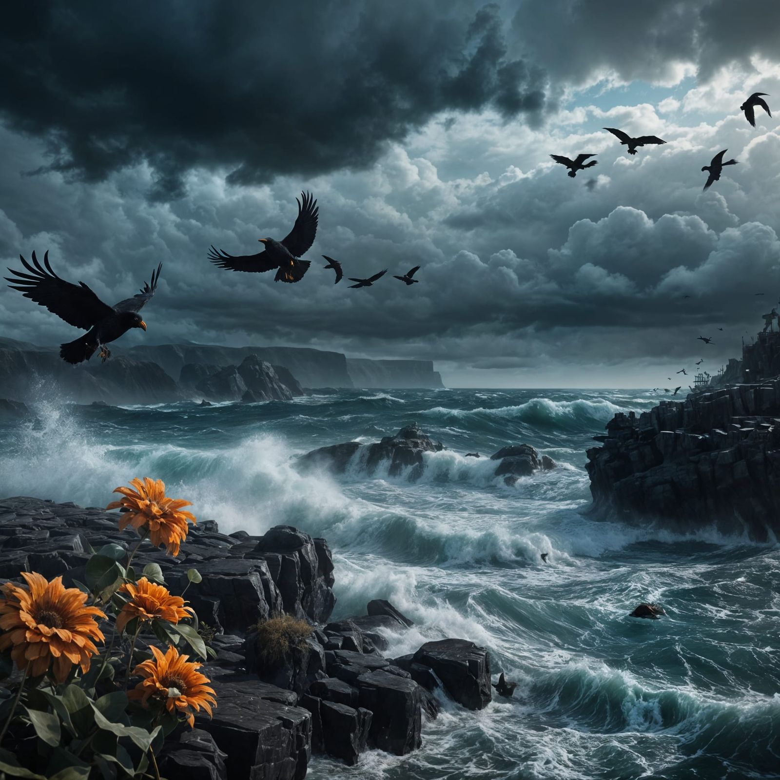 Crows Soar Over a Weathered Coast in Fantastical Detail