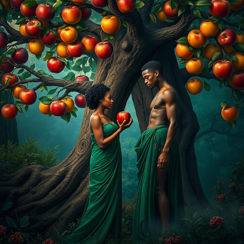 Mystical Apple Tree in a Vibrant Garden of Eden
