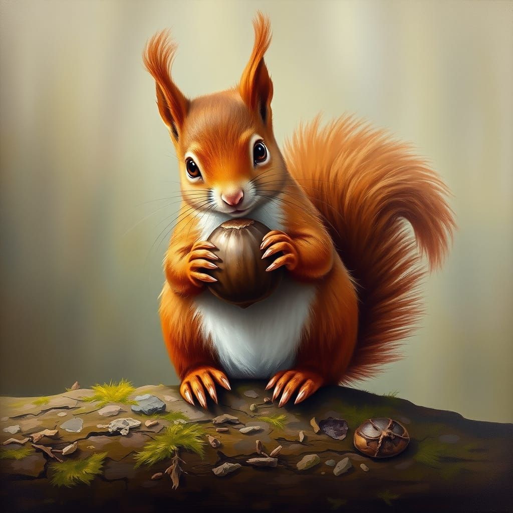 Charming Oil Painting of Curious Red Squirrel with Hazelnut