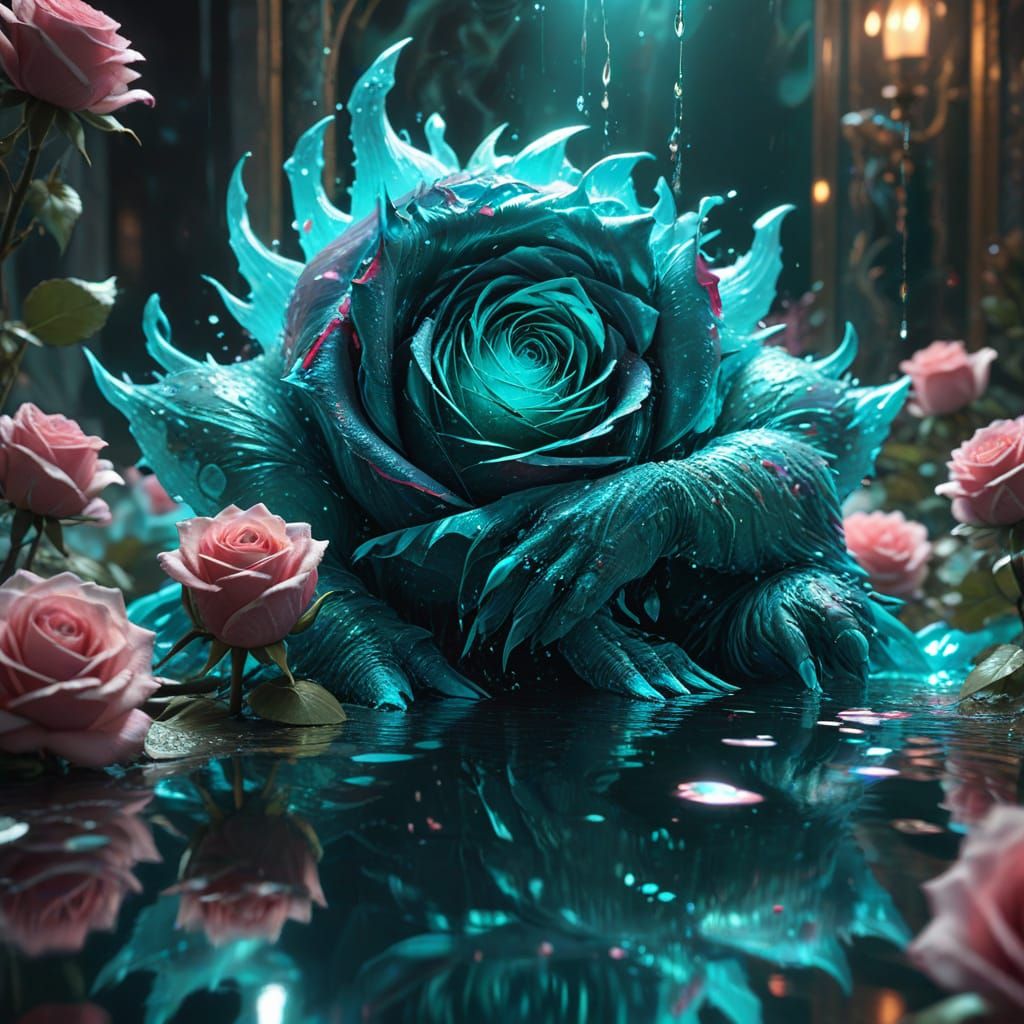 Monster in Rose Garden with Magic Mirror, Anime Style