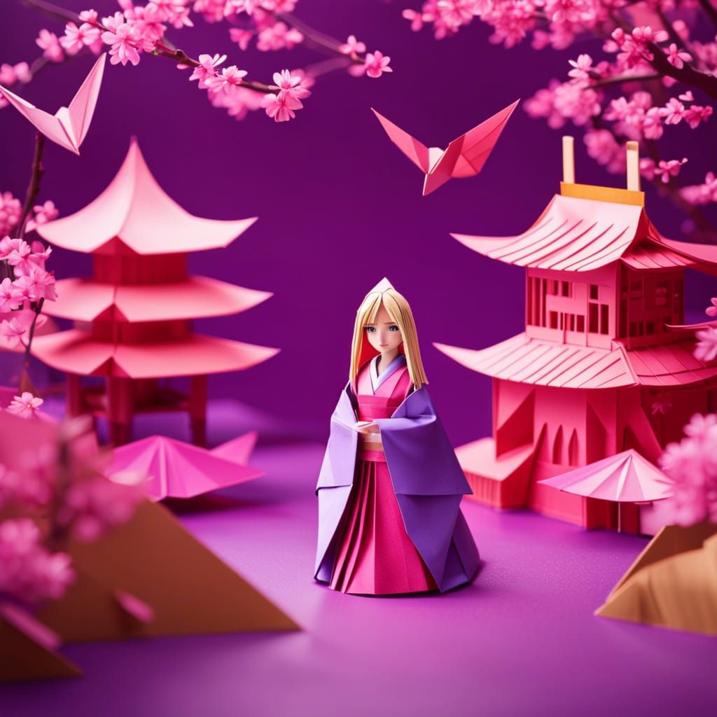 Origami Kimono Girl Amidst Sakura Blossoms