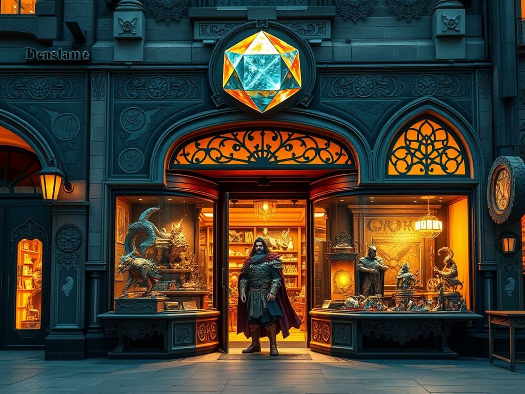 Fantasy RPG Store at Dusk with Hyperrealistic Details