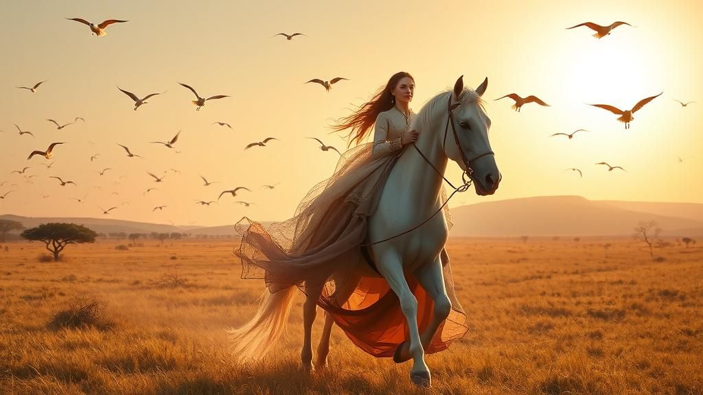 Victorian Woman Walks Horse on Savannah, Romanticism Style