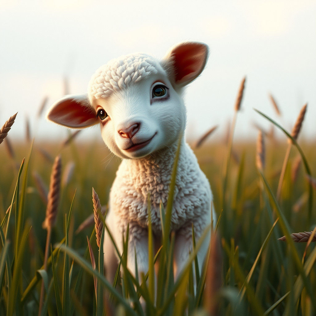 Cute Lamb in Grassy Field: Detailed Matte Painting