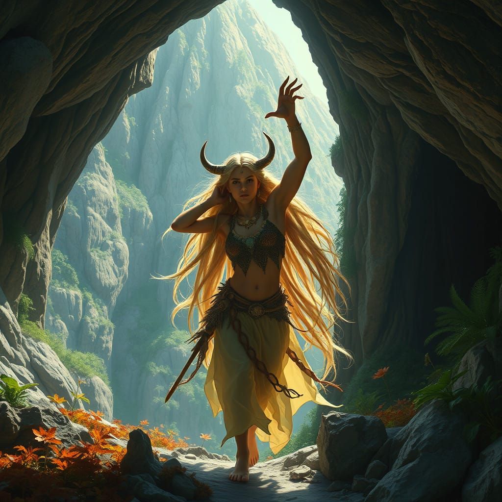 Epic Cave Woman Battle in a Mystical Mountain Lair