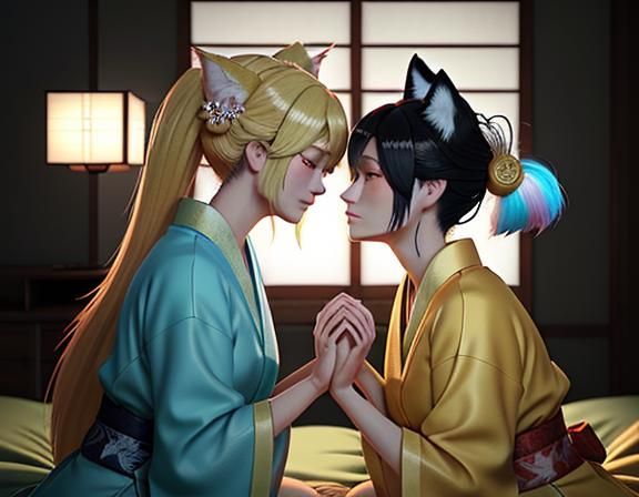 Two Kitsune Kissing in a Manga Style Bedroom