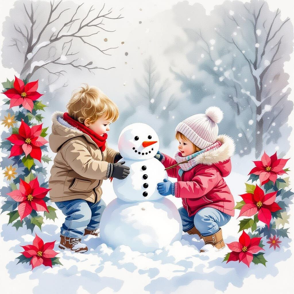 Children Building Snowman with Poinsettias in Soft Watercolo...
