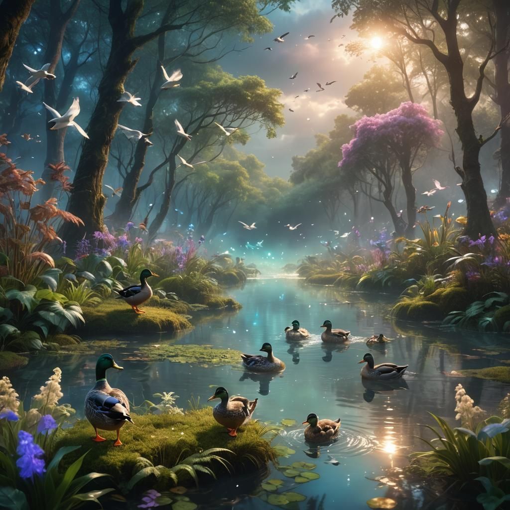 Mystical Ducks in a Glowing Forest: Digital Matte Painting