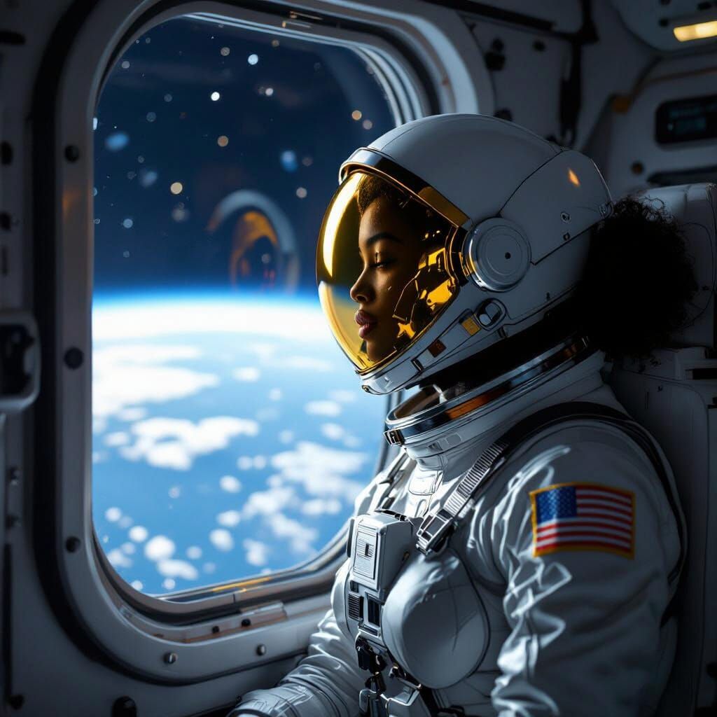 Black Astronaut Gazing at Earth in Sci-Fi Style