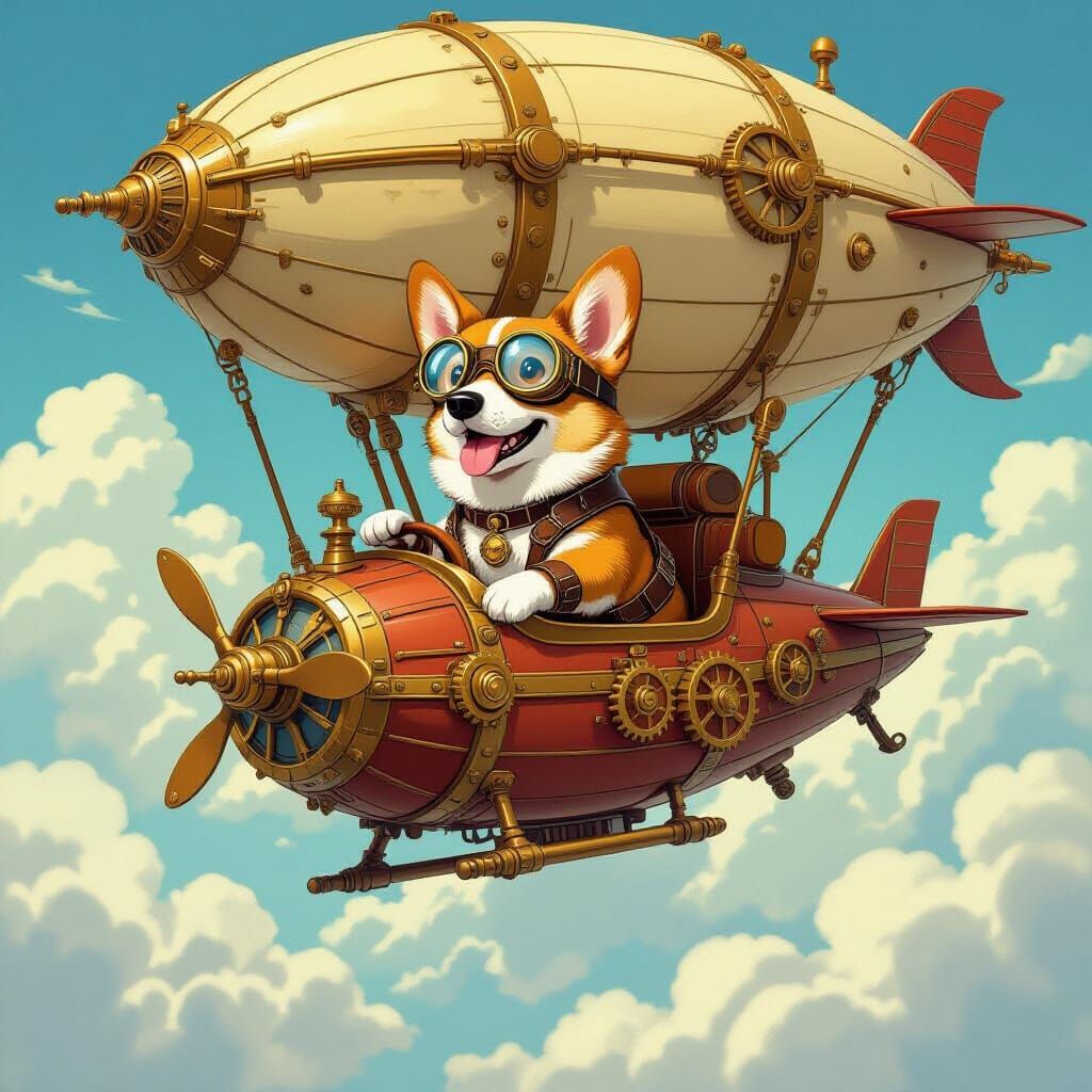 Steampunk Corgi Pilots Zeppelin Inspired by Miyazaki