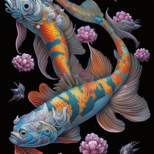 Hyperdetailed Koi Fish with Floral Elements
