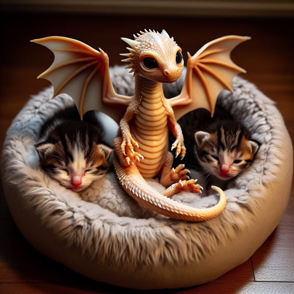 Tiny Dragon Snuggles Kittens in Cozy Bed