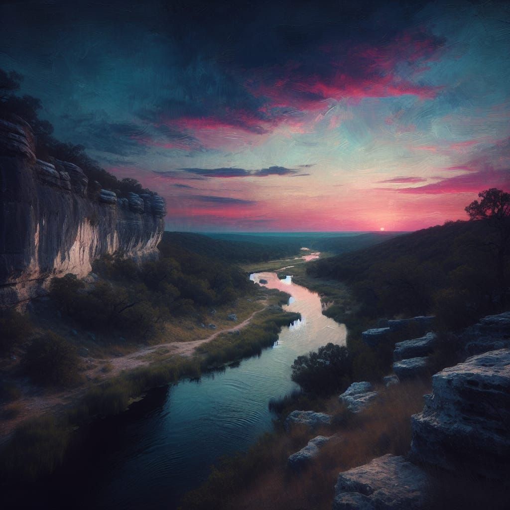 Central Texas Sunset Landscape in Expressionist Style