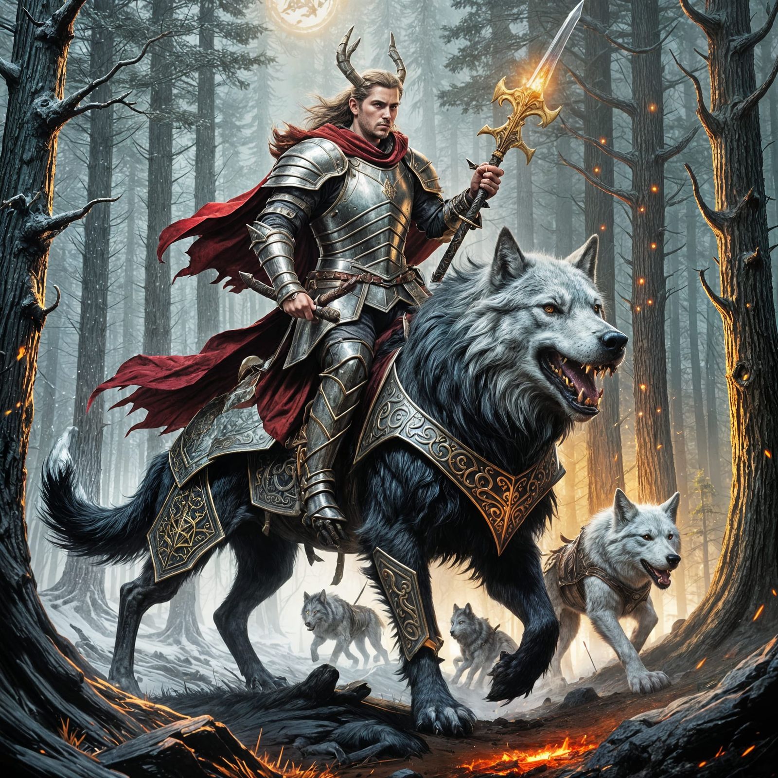 Half-Elf Knight on Direwolf in Dark Forest