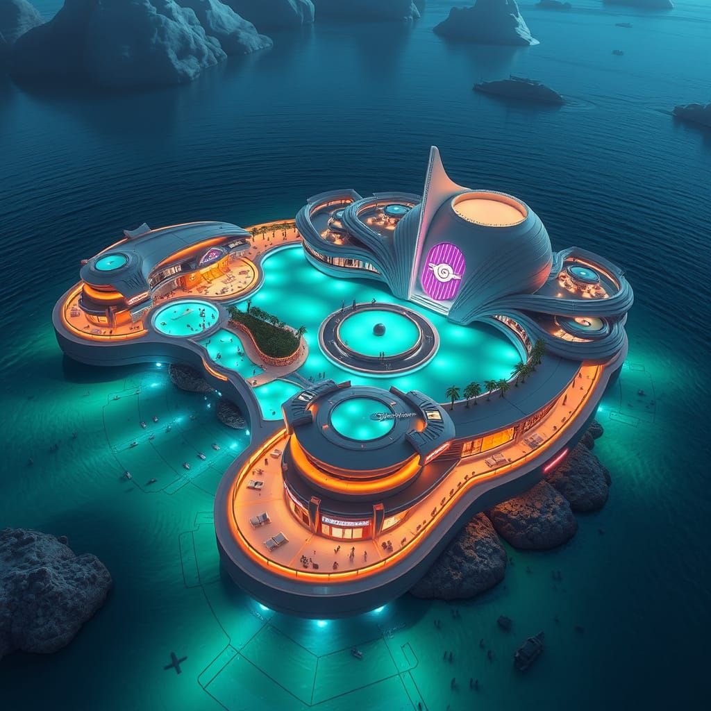 Futuristic Floating Entertainment Island Inspired by Syd Mea...