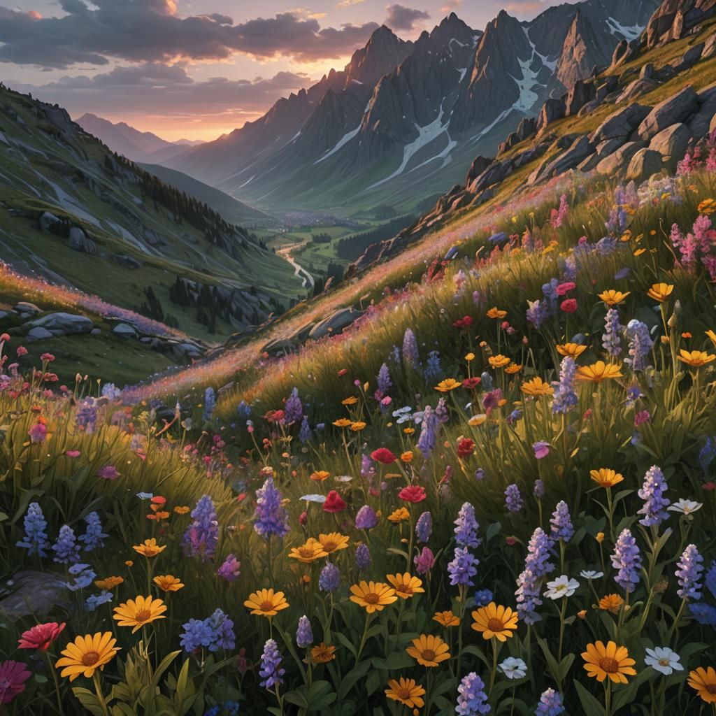 Mountain Wildflowers at Sunrise: Fantasy Concept Art
