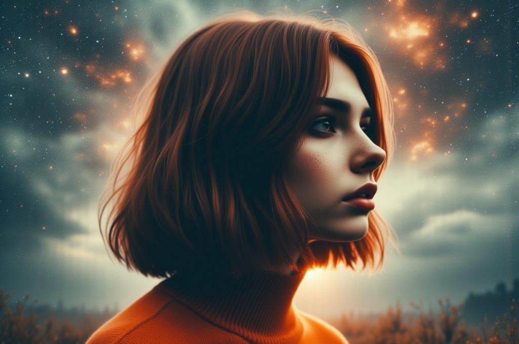 Double Exposure: Woman, Night Sky, and Autumn Wolves