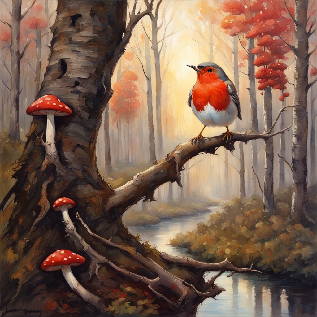 Fairytale Robin in High Gothic Forest Watercolor