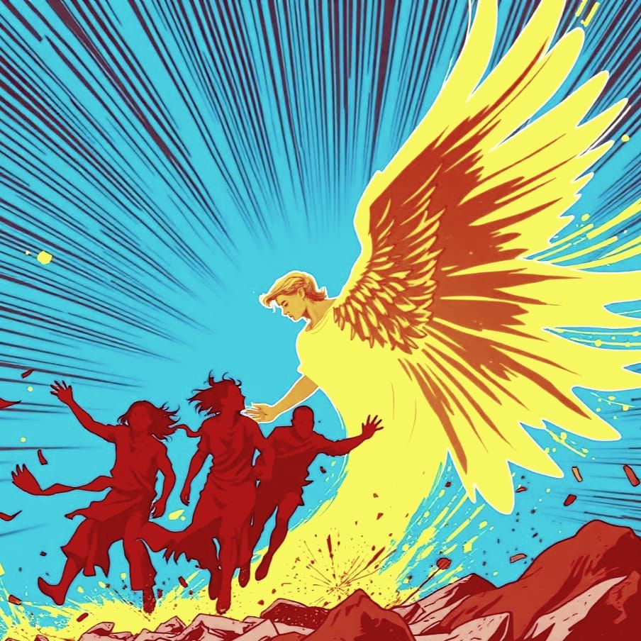 Abstract Angel Overcomes Foes, Comic Book Style