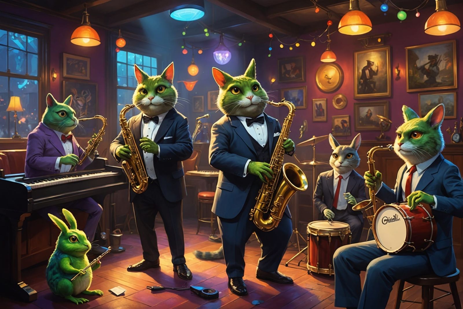 Animals Playing Jazz in Vibrant Club, Digital Painting