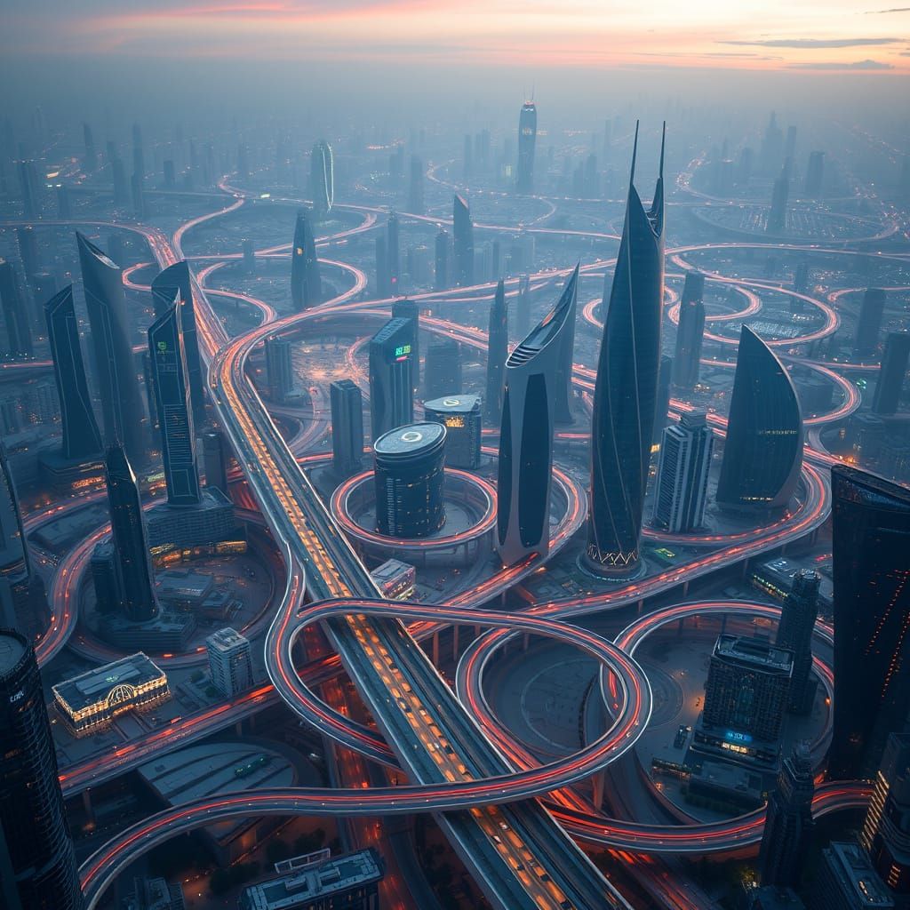 Futuristic Metropolis Unfolds with Elevated Bridges and Curv...