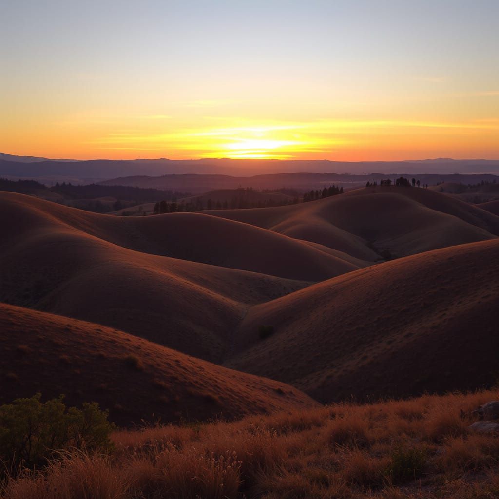 Warm Sunset Landscape with Rolling Hills in Earth Tones