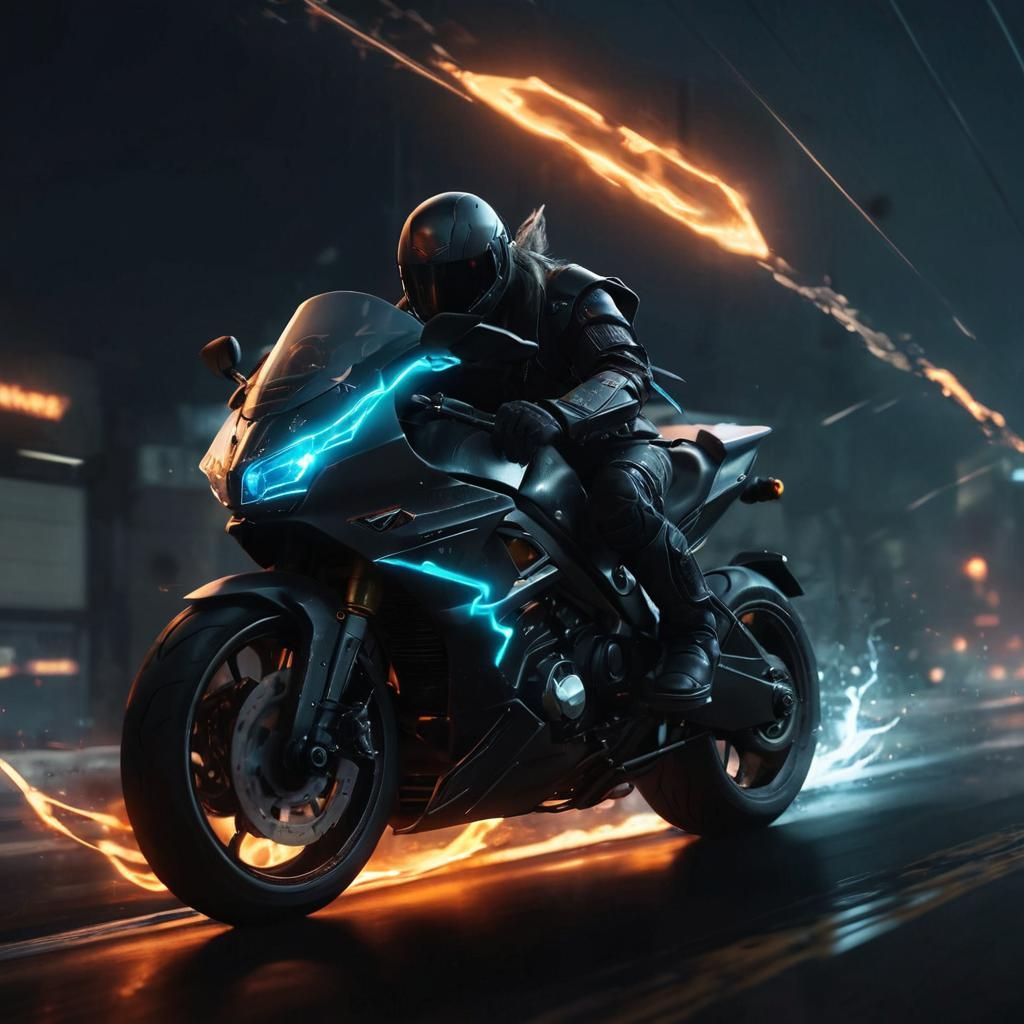 Wizard on Futuristic Motorcycle Casting Lightning Spell