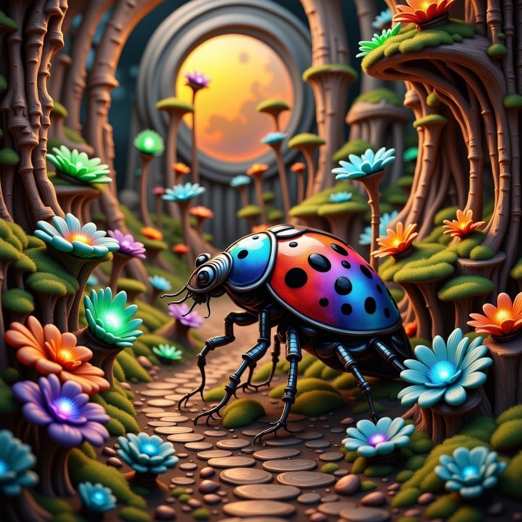 Iridescent Ladybug Alien in Futuristic Moonlit Garden