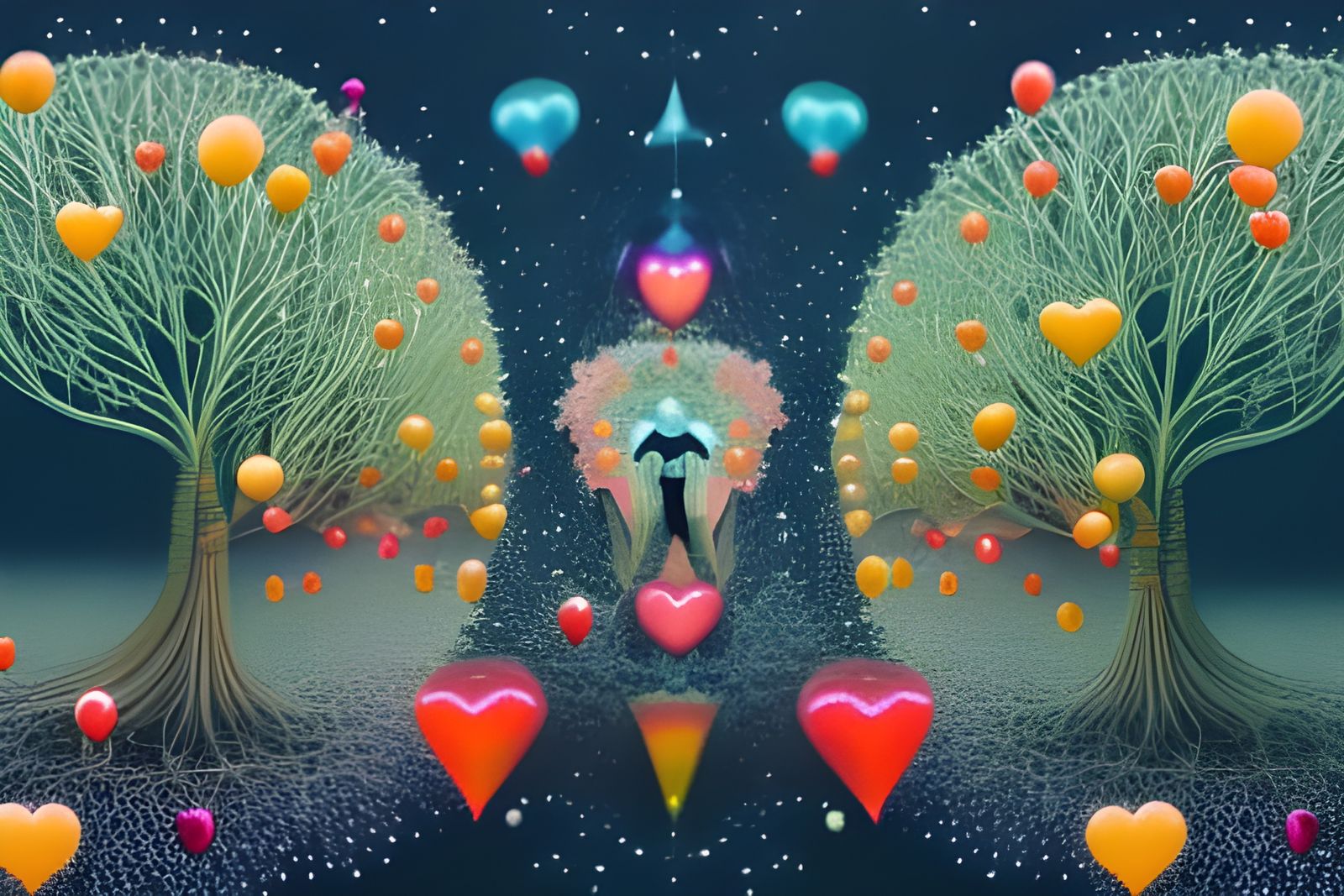 Crystal Tree with Hearts and Fireworks, Surreal Art