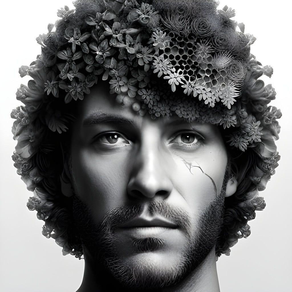 Bearded Man of Bees in Grayscale Photorealism