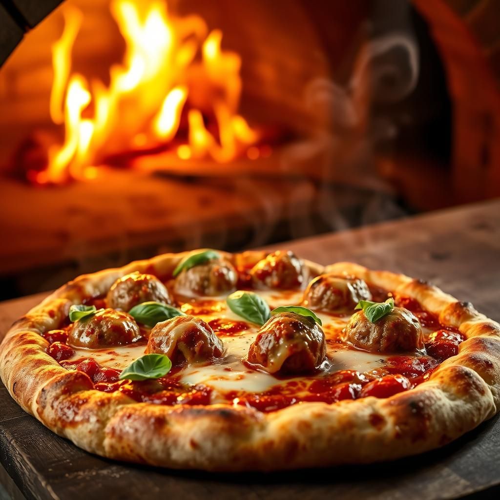 Stone baked meatball pizza , photorealistic