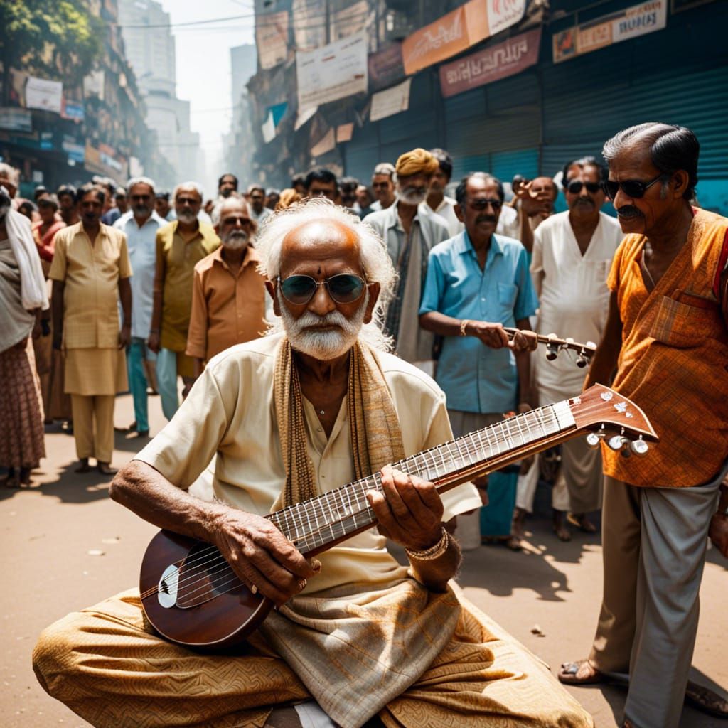 Indian Grandpa Sitar Player on Mumbai Street