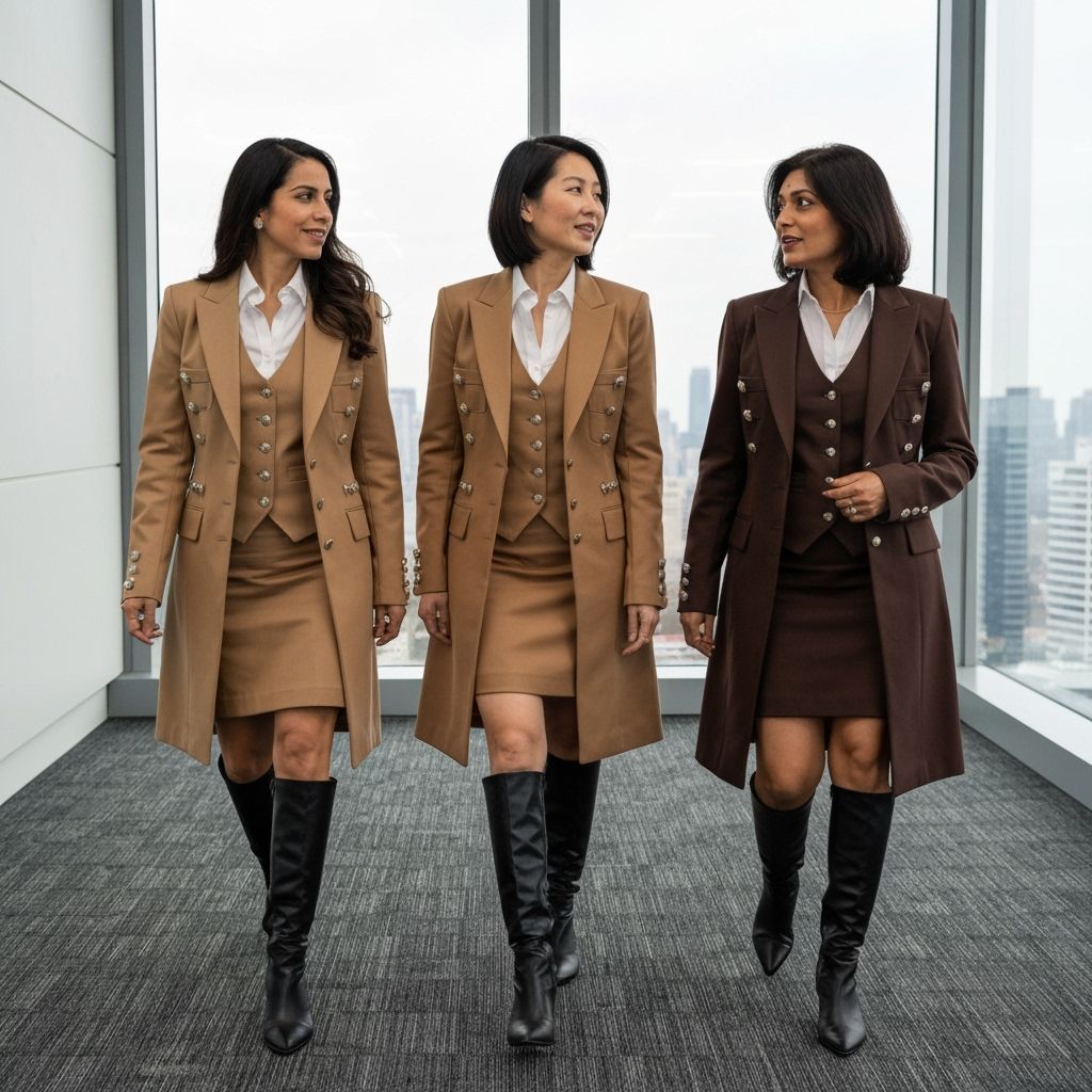 Businesswomen in Long Coats and Boots in Office Hallway