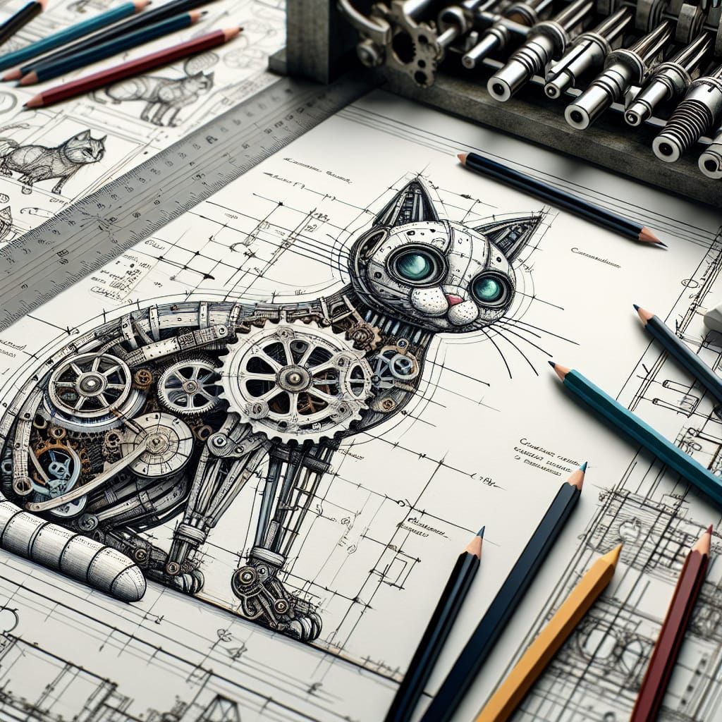 Mechanical Cat Blueprints in Industrial Design Style
