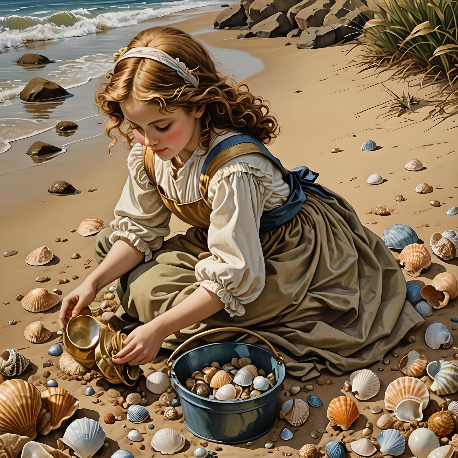 Hyperrealistic Young Mary at the Seashore Illustration