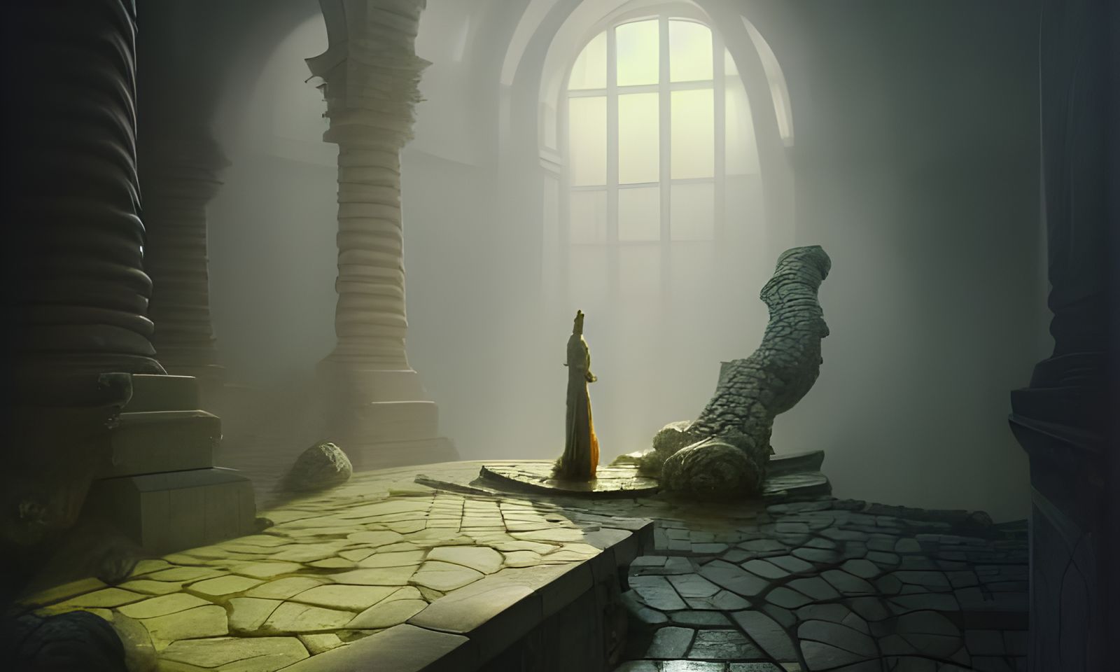 Dark Fantasy Cobblestone Landscape in Light Green Hues