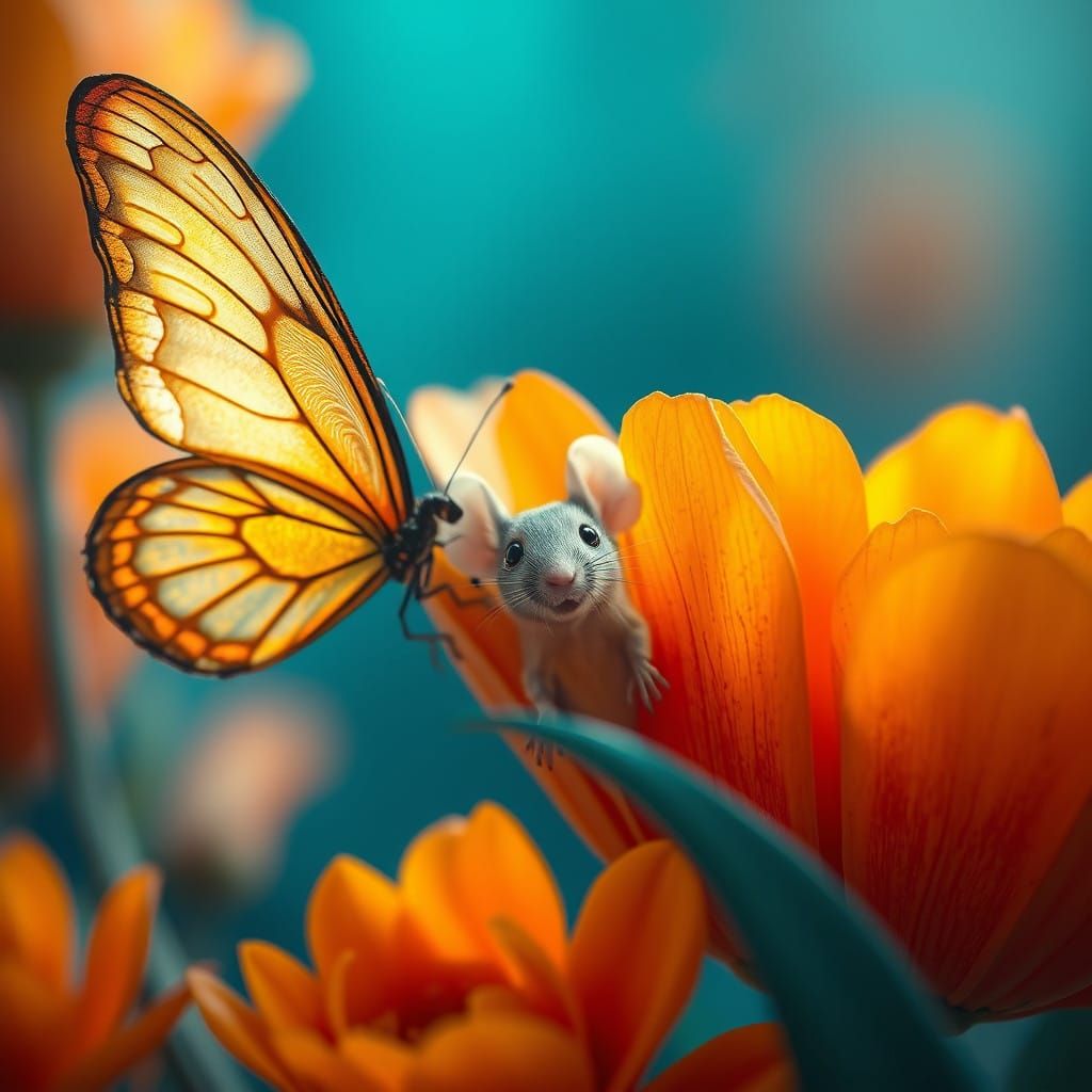 Whimsical Butterfly and Cute Rat in Dreamlike Fantasy Scene