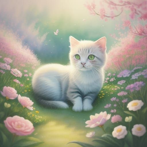 Whimsical Watercolor Kitty in a Blooming Garden