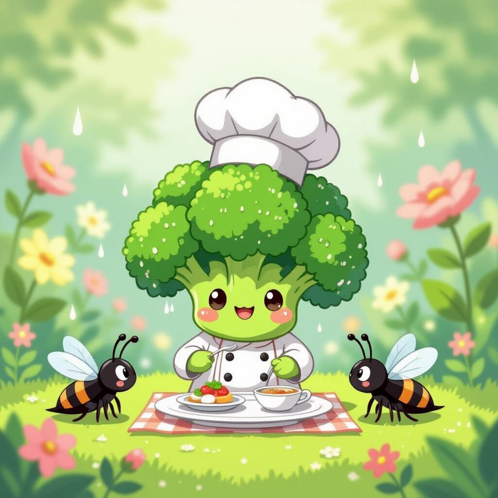 Broccoli Chef Serves Meal to Insects in Whimsical Garden
