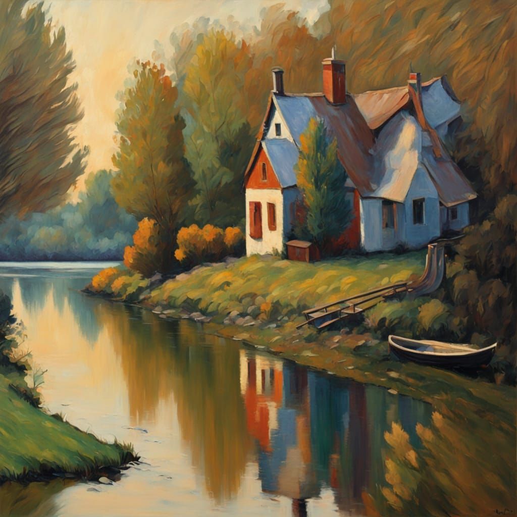 Tiny Riverside House in Neo-Impressionist Style