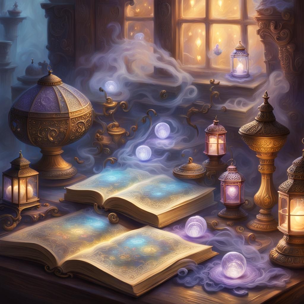 Mystical Work Table with Lanterns and Ancient Artifacts