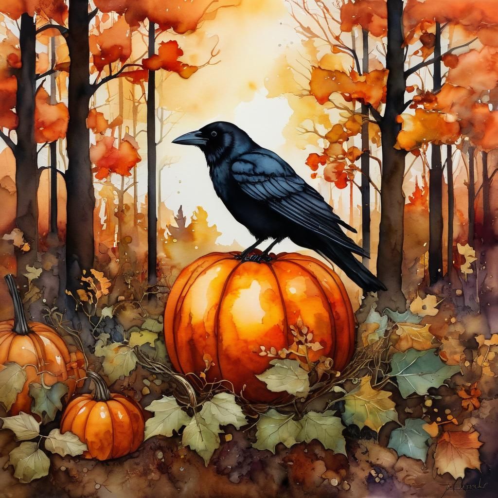 Crow in Autumn Pumpkin Patch with Alcohol Ink