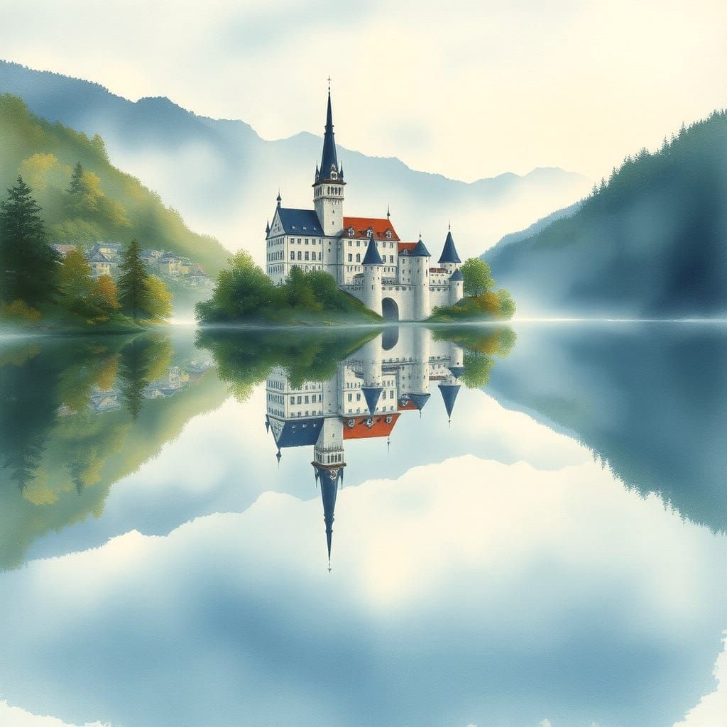 Medieval Castle Schloss Fuschl in Watercolour Style