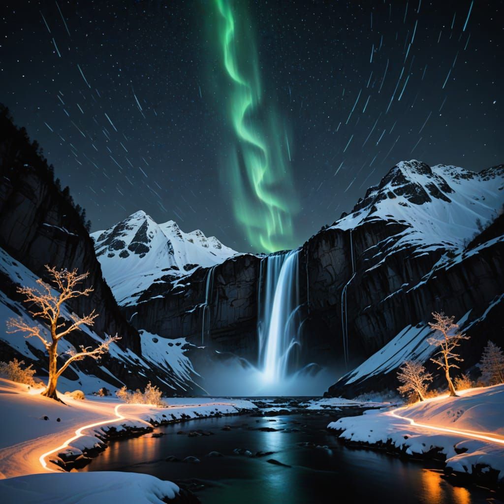 Glowing Snowy Mountain With Waterfall At Night