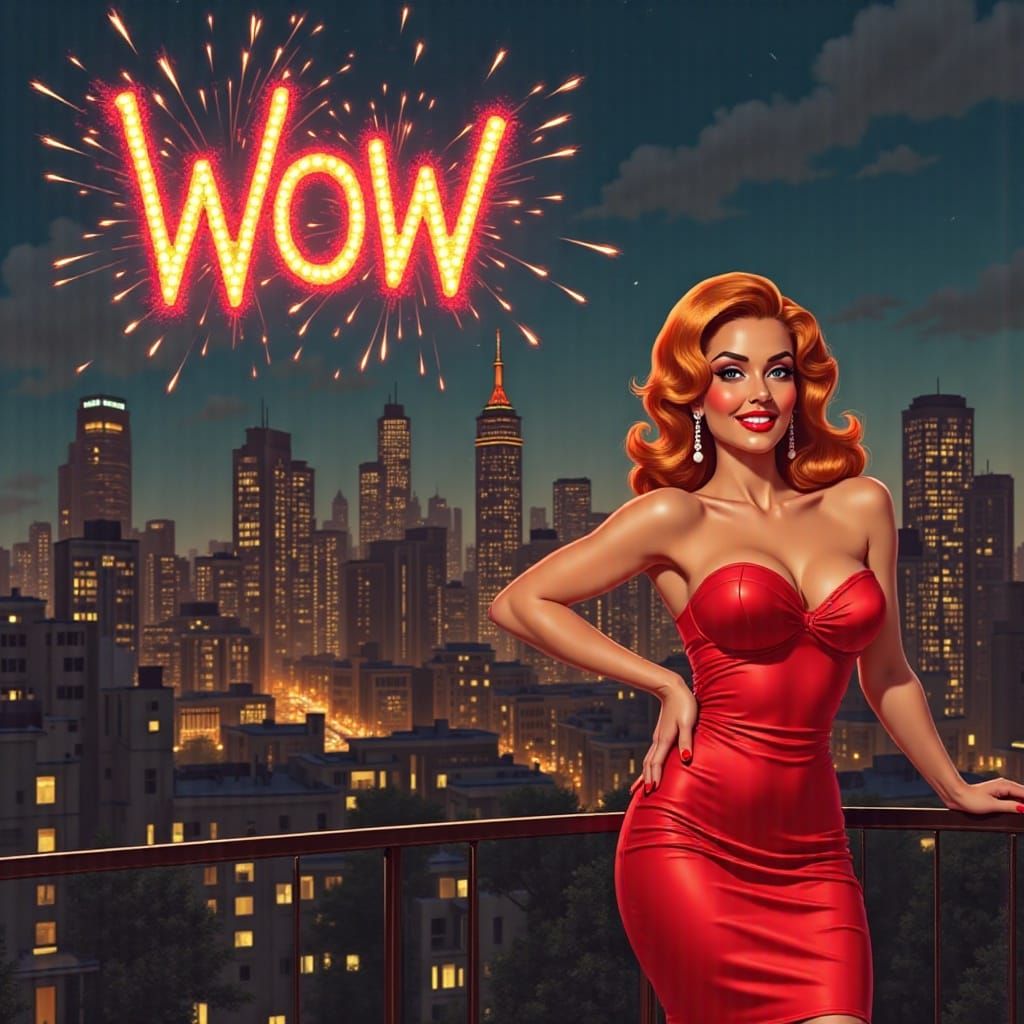 Glamorous Woman Illuminated by Night Sky Fireworks