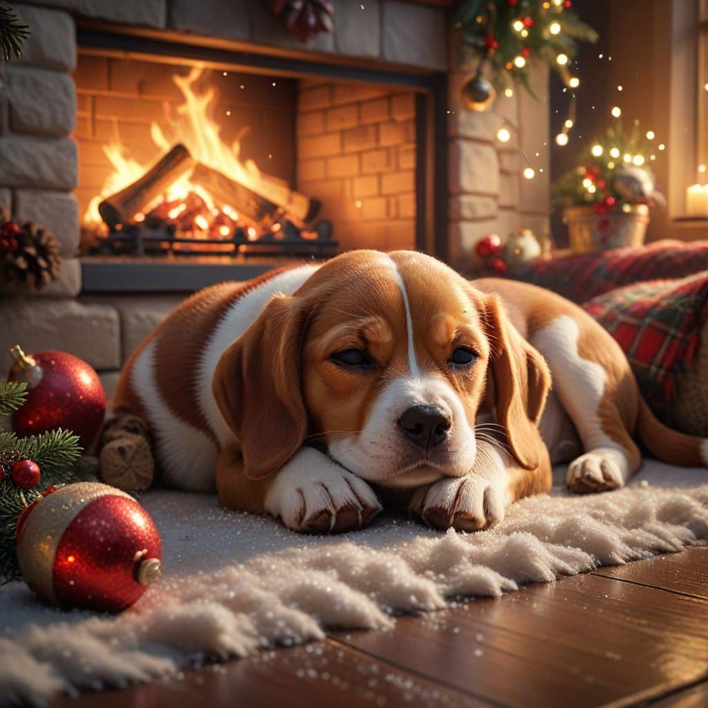 puppy sleeping at the
fireplace (christmas)