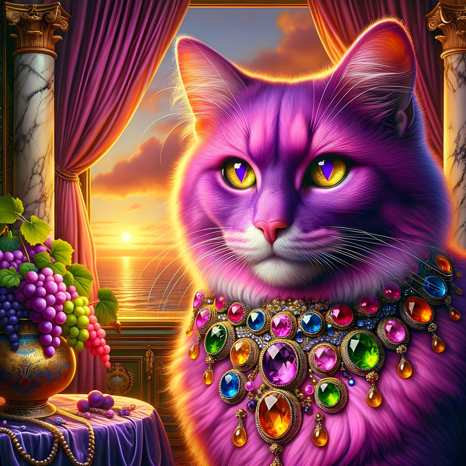 Majestic Feline Queen in Ornate Chamber, Dutch Golden Age St...