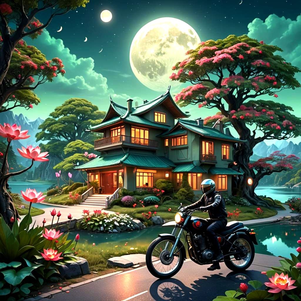 Picturesque Lake Scene with House and Motorcycle