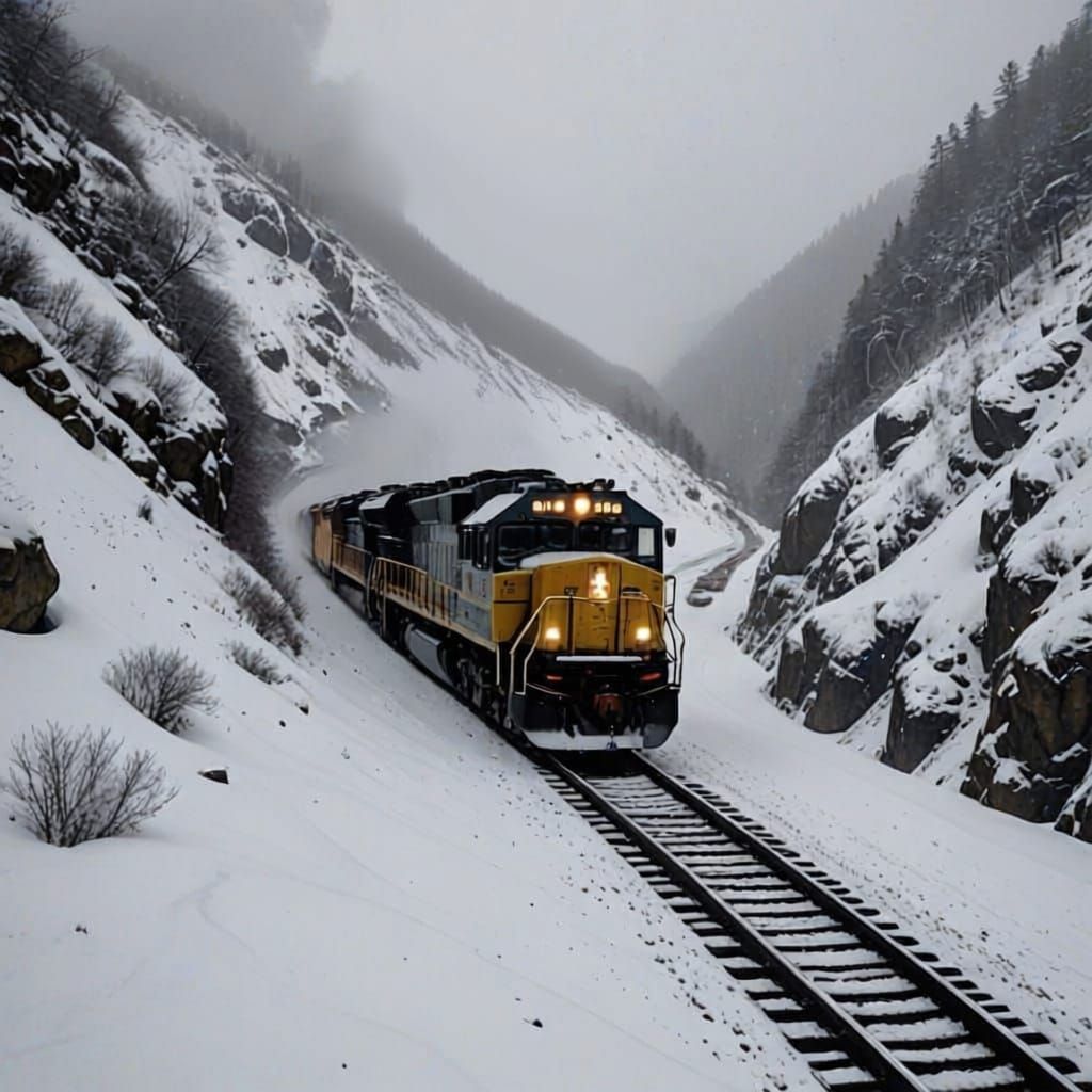 SD-45 Locomotive Battles Mountain Pass in Snow Blizzard